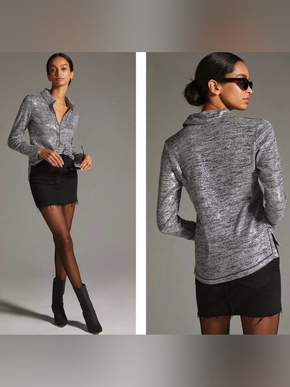 Anthropologie Pilcro Sequin Heathered Knit Collared Shirt Top Gray Small Shimmer